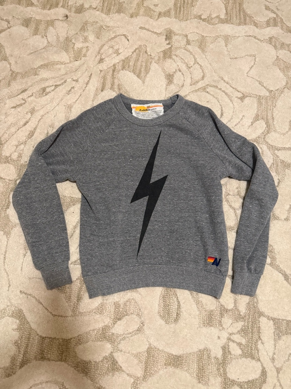 Aviator Nation Gray Crewneck with Black Lightning Bolt